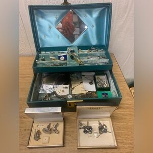 Vintage middle size jewelry box filled cufflinks watches